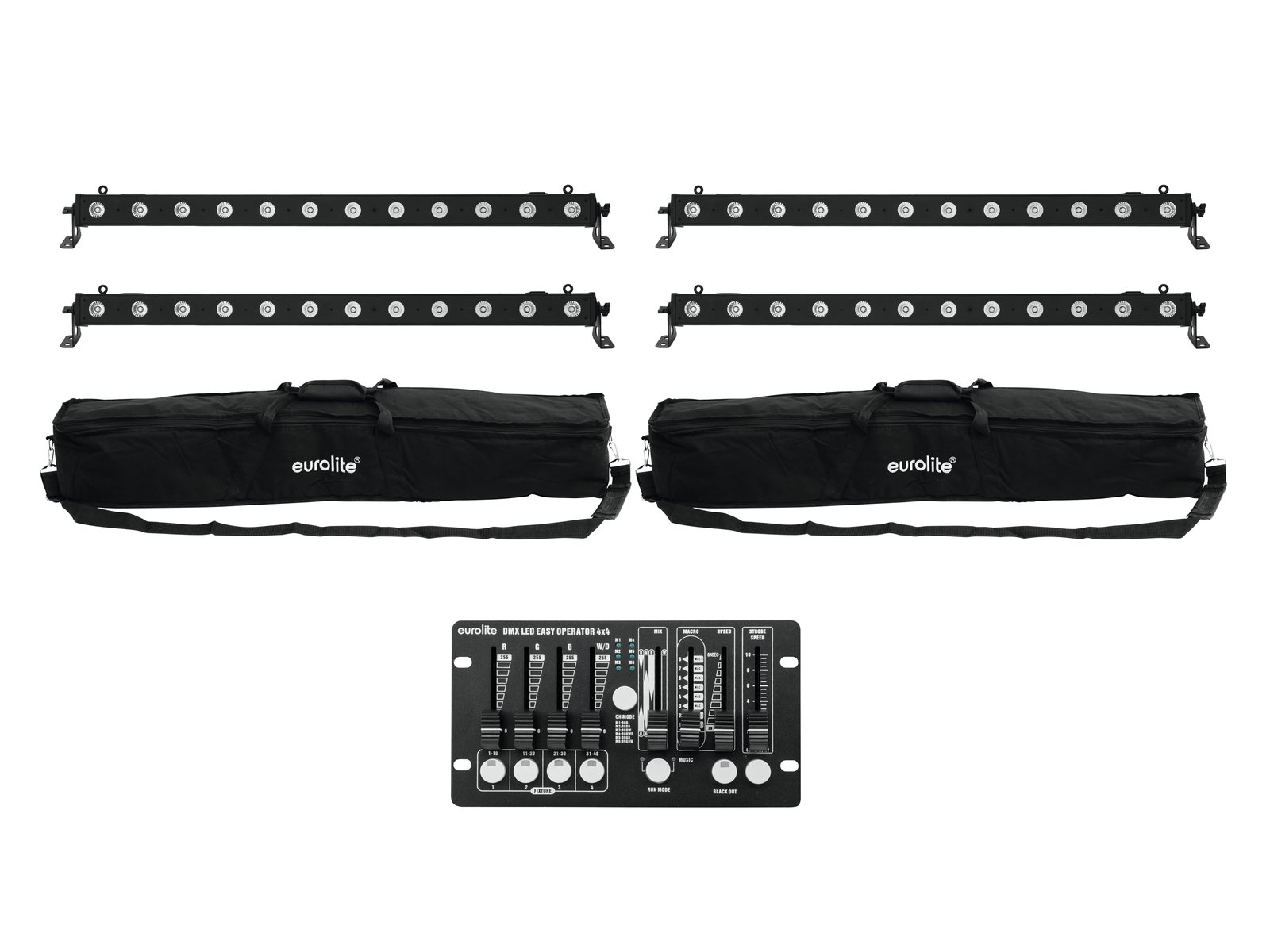 EUROLITE Set 4x LED BAR-12 QCL RGBW + 2x Soft-Bags + Controller