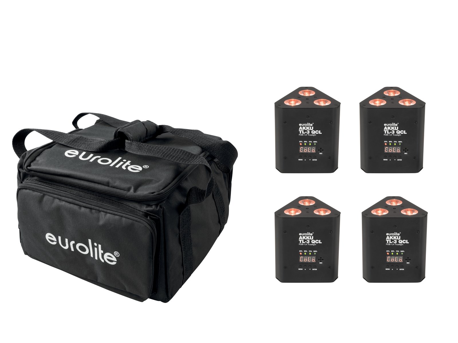 EUROLITE Set 4x AKKU TL-3 QCL RGB+UV Trusslight + SB-4 Soft-Bag