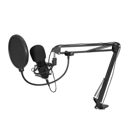 Broadcast kit with USB condenser microphone, table mount, pop filter and spider