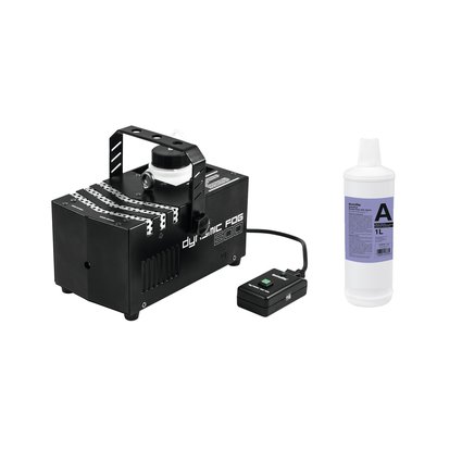 Compact fog machine with high output, remote control and fluid