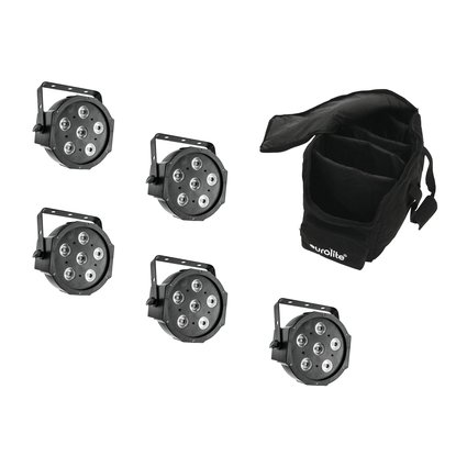 5x flat spotlight with 6 x 8 W 3in1 LED with RGB color mixing including soft bag