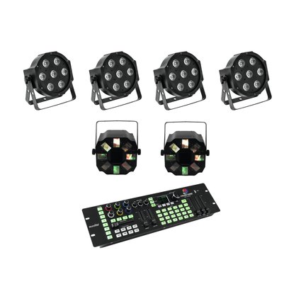 4x flacher LED-Scheinwerfer, 2x DMX-Lichteffekt mit Strahlen inklusive DMX-Lichtpult
