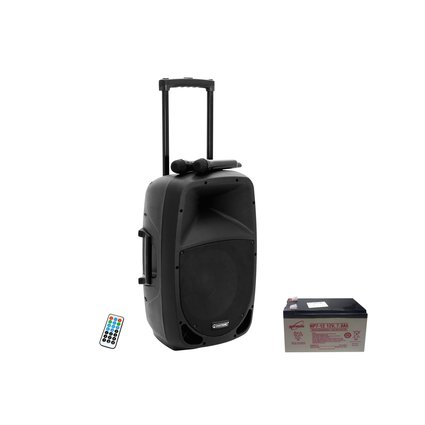 Portable 15" PA system with 2 UHF receiver units, audio player and bluetooth including battery