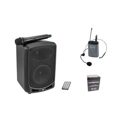 Portable 6.5" PA with matching battery incl. pocket transmitter with headset microphone
