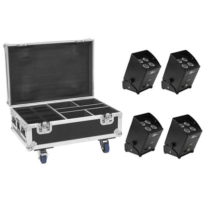 4x IP65 uplight with replaceable battery incl. PRO flightcase with charging function for 8 batteries