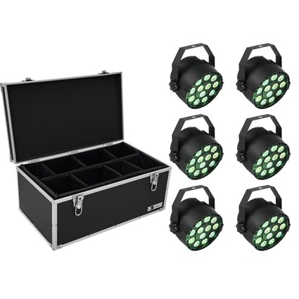 6x compact spotlight with 12 x 3 W 3in1 LEDs in RGB incl. universal case