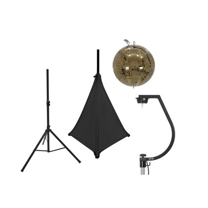 Golden mirror ball incl. stand mount with motor, tripod cover and speaker stand