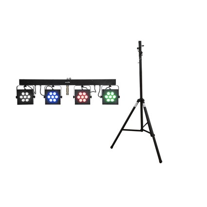 Bar with 4 powerful RGBAW/UV spots, QuickDMX, remote control and bag incl. steel stand