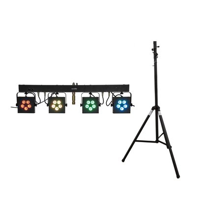 Bar with 4 powerful RGB/WW spots, QuickDMX, remote control and bag incl. steel stand