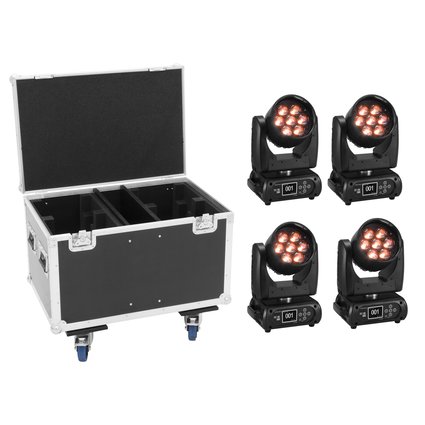 4x PRO-Washlight mit 6in1-COB-LEDs und motorischem Zoom inklusive PRO Flightcase