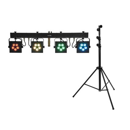 Bar with 4 powerful RGB/WW spots, QuickDMX, remote control and bag incl. lighting stand