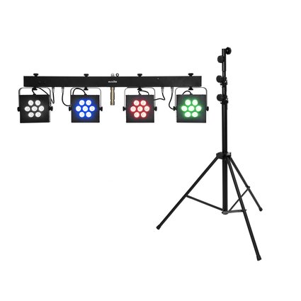 Bar mit 4 lichtstarken RGBAW/UV-Spots, QuickDMX, Fernbedienung und Tasche inkl. Lichtstativ