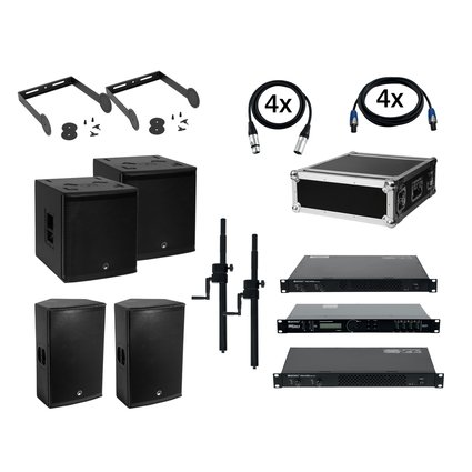 2x subwoofer, 2x 2-way top, 2x distance tube, 2x power amp, flightcase and 8x connection cables