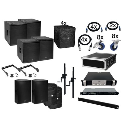 4x subwoofer, 2x 2-way top, power amp, flightcase, controller, 10x connection cables and accessories