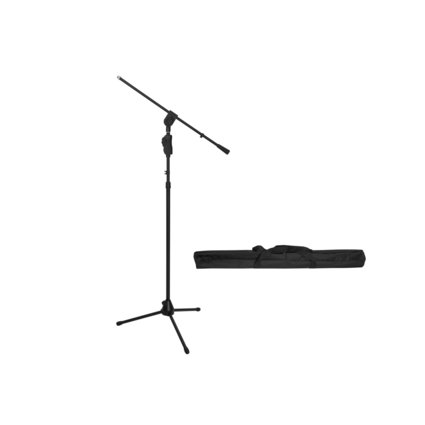 Stable single-hand microphone tripod with adjustable boom including transport bag
