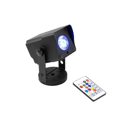 Battery-powered pinspot with magnetic base, 15 W 4in1 LED, QuickDMX, frost filter and IR remote control