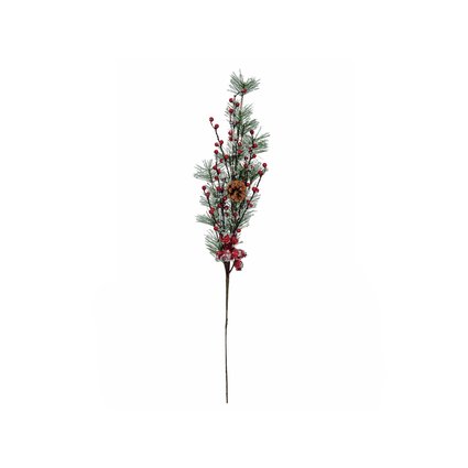 Pine twig covered with hoar frost, decorated with red berries and cone