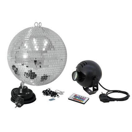 Set with motor, mirror ball, chain, color pinspot and IR remote