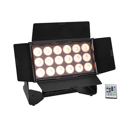 Silent IP65 LED floodlight with RGBW color mixing, CRMX, diffuser cover, barn doors, IR remote control