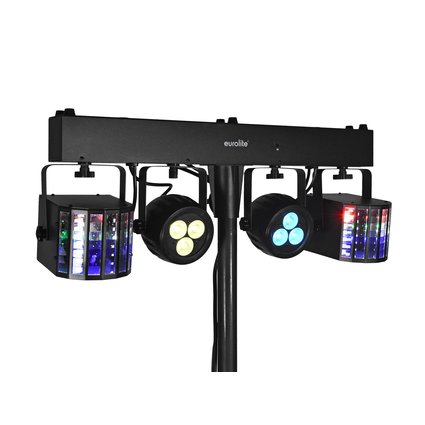 DMX lighting effect bar with 2 rotating LED derbies and 2 LED spotlights