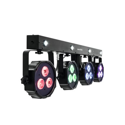 Bar mit 4 RGB-Spots, kaltweißen + UV-Strobe-LEDs, Fußcontroller und Transporttasche