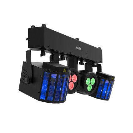 DMX light effect bar with 2 rotating LED derbies, 2 LED spots and 2 lasers (RG/2M)