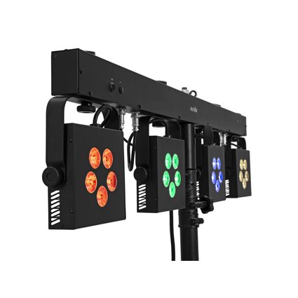 Bar with 4 powerful RGB/WW spots, QuickDMX support, IR remote control and carrying bag