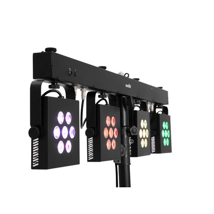 Bar with 4 powerful RGBAW/UV spots, QuickDMX support, IR remote control and carrying bag