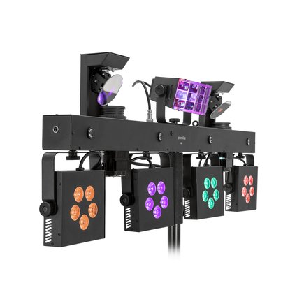 Compact bar with derby, spots, scanners, UV effect, QuickDMX port and bag