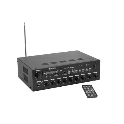 4-zone-PA mixing amplifier with audio player, IR remote control and Bluetooth, switchable zones, 60 W RMS