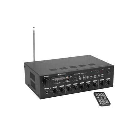 4-zone-PA mixing amplifier with audio player, IR remote control and Bluetooth, switchable zones, 120 W RMS