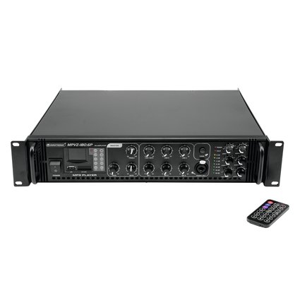6-zone PA mono mixing amp, MP3 player & IR remote, zones switchable, 180 W