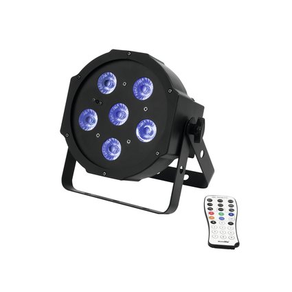 Flat spotlight with 5 x 3 W 3in1 LED (RGB) and one 3 W UV LED, incl. IR remote control