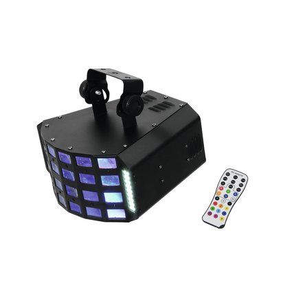 DMX lighting effect with RGBWAP derby, white strobe LEDs, and IR remote control