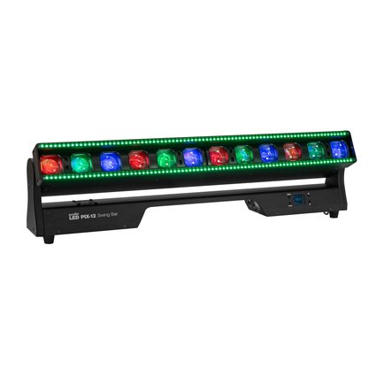 Motorized tiltable LED light effect bar with 12 high-performance LEDs, two zoom ranges from 2° to 28° and 164 effect LEDs