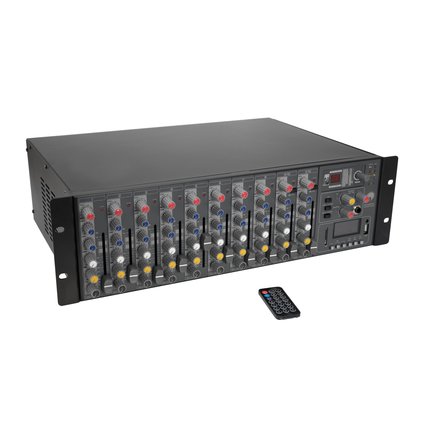 19" powered mixer, 2 x 400 W, with 12 channels, DSP FX unit and MP3 player