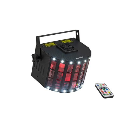 DMX light effect with RG laser (2M), rotating LED derby, stroboscope and IR remote control