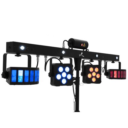Bar with 2 strong derbies and spots, white/UV strobe LEDs, laser (RG, 2M)