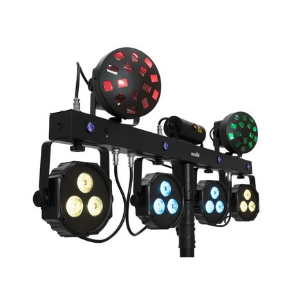 Bar mit lichtstarken Spots, UV-Strobe-LEDs, Laser (RG 2M), QuickDMX-Buchse und Transporttasche