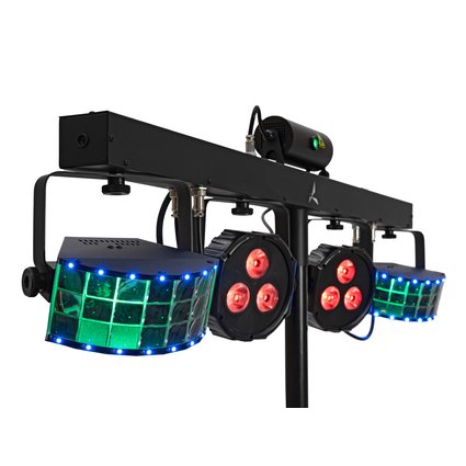 Bar with 2 spots, 2 derbies, show laser, twinkle effect, AirW wireless system (2.4 GHz) and RF remote control