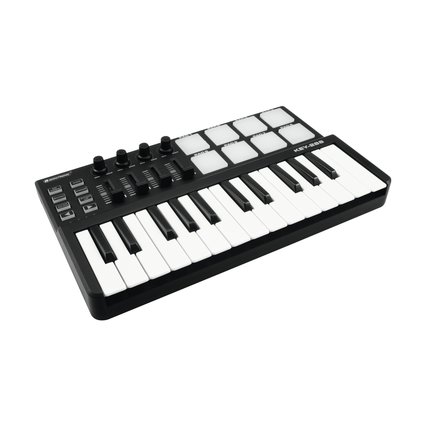 USB MIDI controller with 25 buttons, 8 pads, 4 controls and faders each, for musicians, producers and DJs