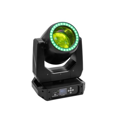 LED moving head beam with hypno ring, color wheel, static gobo wheel, prism and focus