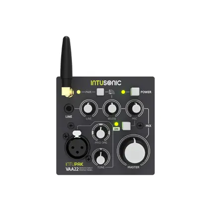 Flush-mount mixing panel with 3 inputs: line (TRS), mic (XLR) and wireless audio