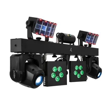 Compact bar with spots, derbies, laser, twinkle LEDs, 2 moving heads, AirW wireless system (2.4 GHz), RF remote control and bag