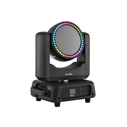 Moving head with rotating mirror half ball, flat mirror and colored LED ring