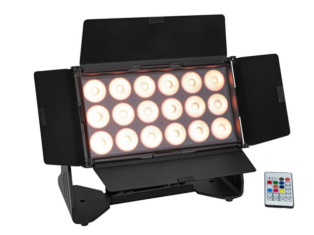 Silent IP65 LED floodlight with RGBW color mixing, CRMX, diffuser cover, barn doors, IR remote control-MainBild