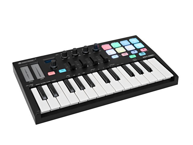 USB MIDI controller with OLED display, 25 buttons, 8 pads, 4 controls and faders each, for musicians, producers and DJs-MainBild
