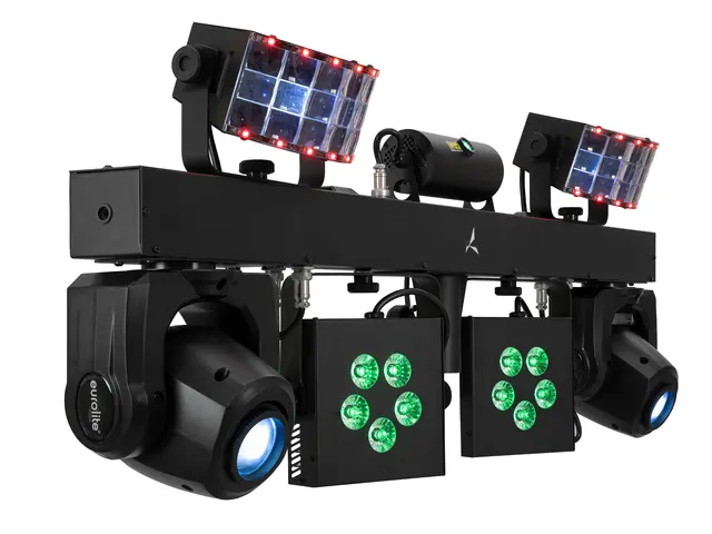 Compact bar with spots, derbies, laser, twinkle LEDs, 2 moving heads, AirW wireless system (2.4 GHz), RF remote control and bag-MainBild