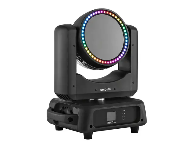 Moving head with rotating mirror half ball, flat mirror and colored LED ring-MainBild